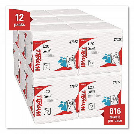L20 Towels, 1/4 Fold, 4-Ply, 12.5 x 12 Unscented, White, 68/Pack, 12 Packs/Carton (47022)