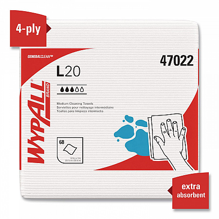 L20 Towels, 1/4 Fold, 4-Ply, 12.5 x 12 Unscented, White, 68/Pack, 12 Packs/Carton (47022)