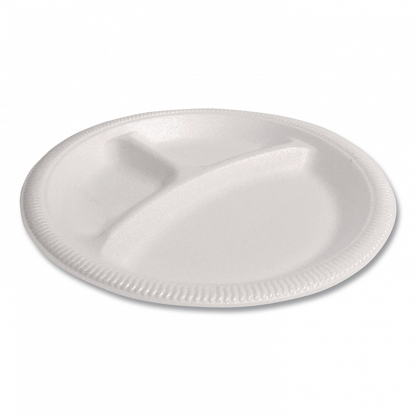 Foam Dinnerware, 3-Compartment Plate, 9" dia, White, 125/Sleeve, 4 Sleeves/Pack (12201)