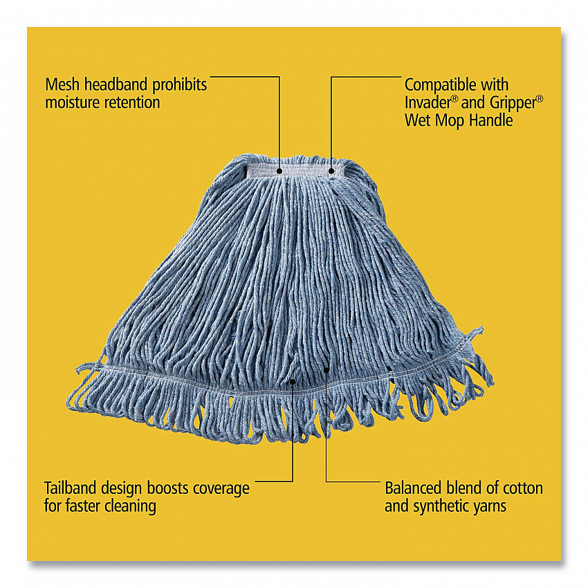 Super Stitch Blend Mop Head, Cotton/Synthetic, Large, 1" Red Headband, Blue, 6/Carton (D213BLU)