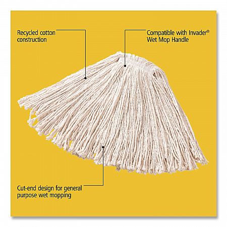 Non-Launderable Premium Cut-End Cotton Wet Mop Head, 16 oz, White, 1