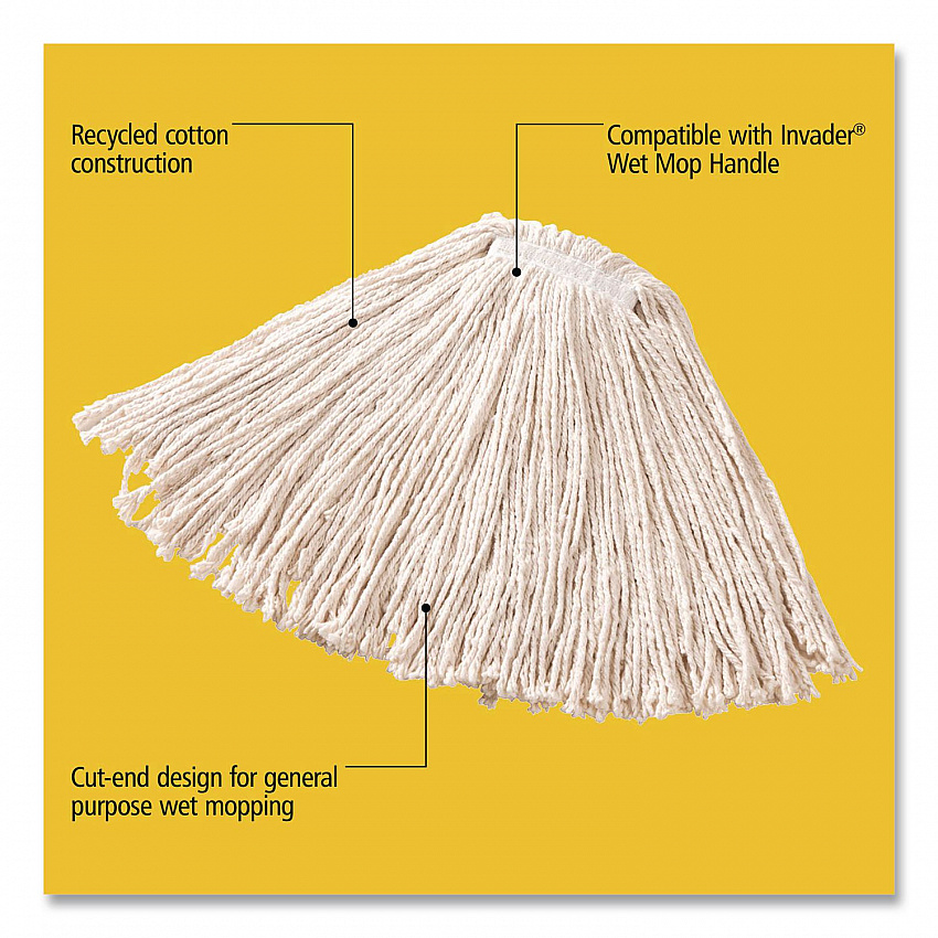 Non-Launderable Premium Cut-End Cotton Wet Mop Head, 16 oz, White, 1" White Band, 12/Carton (F11612)