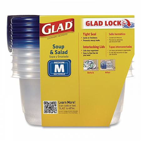 Soup and Salad Containers, Medium Rectangle, 24 oz, 6.49 x 4.86 x 2.98, Clear/Bue, Plastic, 5/Pack (60796PK)