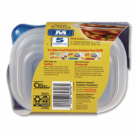Soup and Salad Containers, Medium Rectangle, 24 oz, 6.49 x 4.86 x 2.98, Clear/Bue, Plastic, 5/Pack (60796PK)