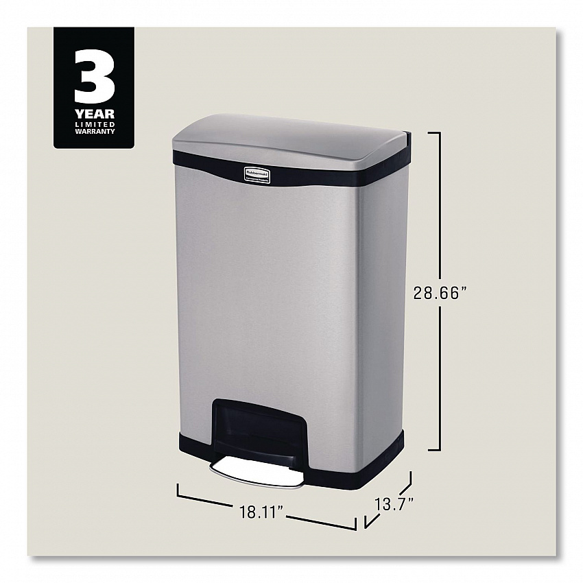 Slim Jim Stainless Steel Step-On Container, Front Step Style, 13 gal, Stainless Steel, Black (1901992)