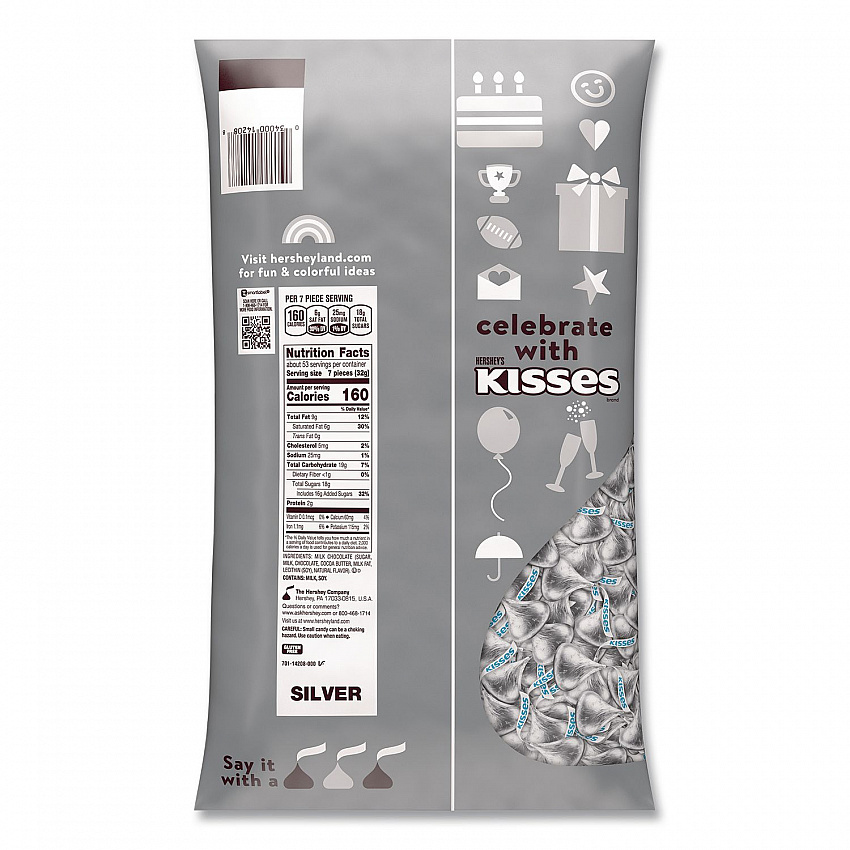 KISSES Milk Chocolate Candy, Silver Foils, 60 oz Bag (HEC33458)