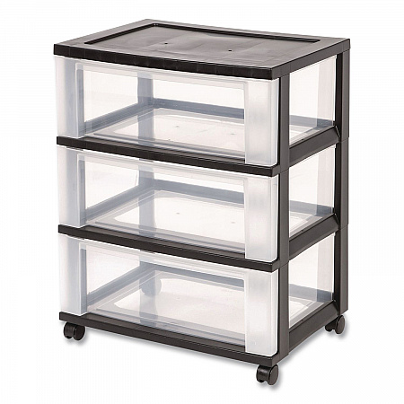 Three-Drawer Durable Storage Cart, Plastic, 22 x 15.69 x 25.48, Clear/Black (270012)