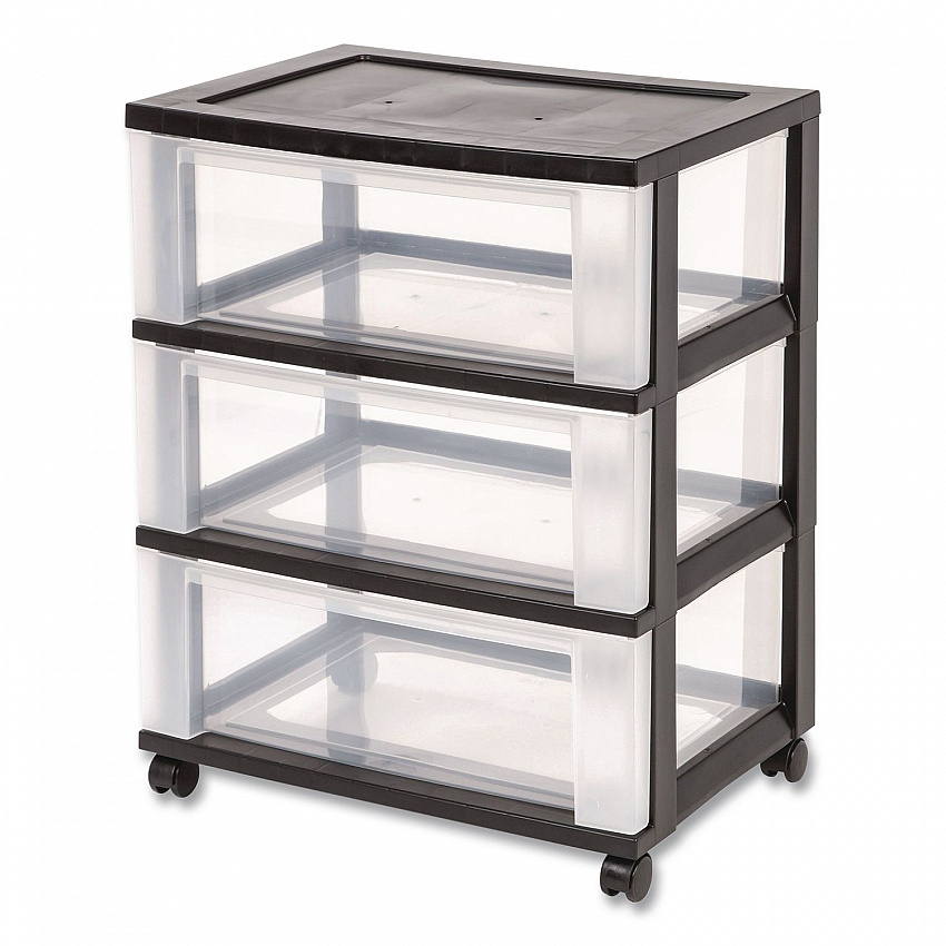 Three-Drawer Durable Storage Cart, Plastic, 22 x 15.69 x 25.48, Clear/Black (270012)