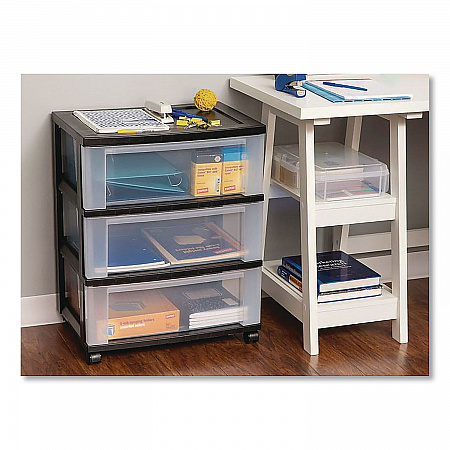 Three-Drawer Durable Storage Cart, Plastic, 22 x 15.69 x 25.48, Clear/Black (270012)