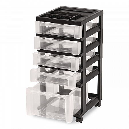 Five-Drawer Rolling Cart with Organizer Top, Plastic, 12.13 x 14.38 x 26.38, Clear/Black (270015116865)