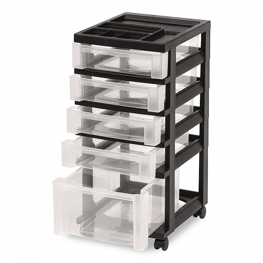 Five-Drawer Rolling Cart with Organizer Top, Plastic, 12.13 x 14.38 x 26.38, Clear/Black (270015116865)
