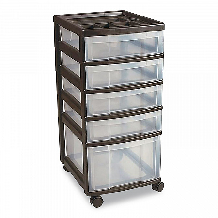 Five-Drawer Rolling Cart with Organizer Top, Plastic, 12.13 x 14.38 x 26.38, Clear/Black (270015116865)