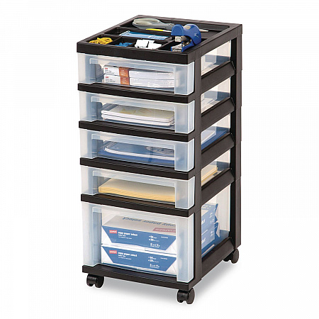 Five-Drawer Rolling Cart with Organizer Top, Plastic, 12.13 x 14.38 x 26.38, Clear/Black (270015116865)