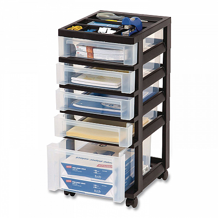 Five-Drawer Rolling Cart with Organizer Top, Plastic, 12.13 x 14.38 x 26.38, Clear/Black (270015116865)