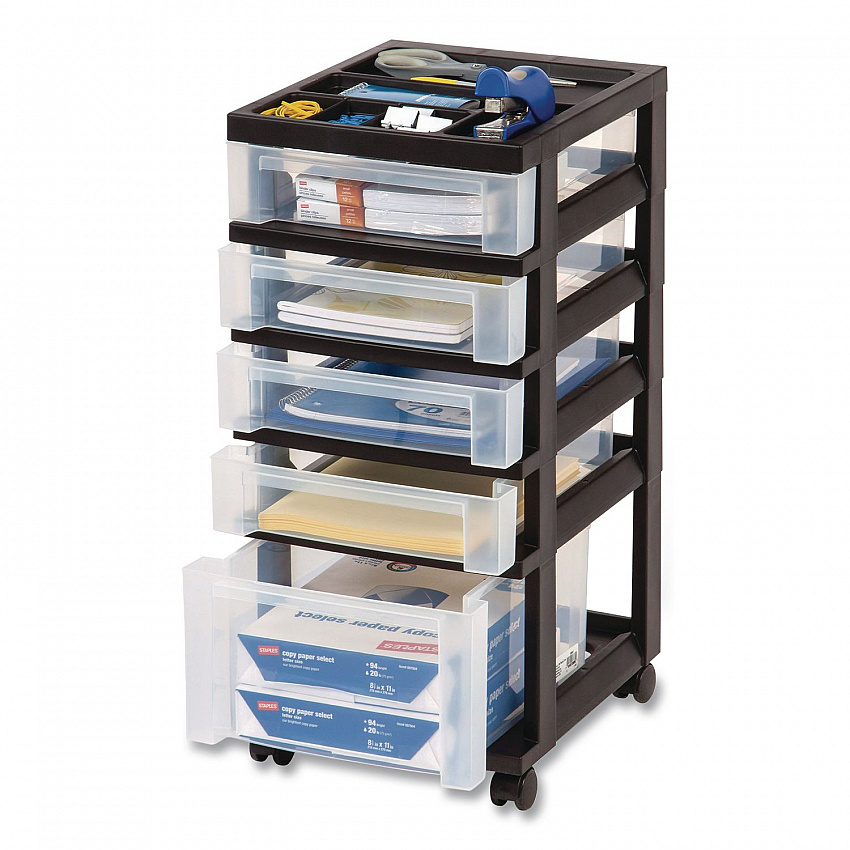 Five-Drawer Rolling Cart with Organizer Top, Plastic, 12.13 x 14.38 x 26.38, Clear/Black (270015116865)