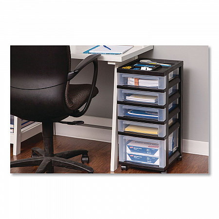 Five-Drawer Rolling Cart with Organizer Top, Plastic, 12.13 x 14.38 x 26.38, Clear/Black (270015116865)