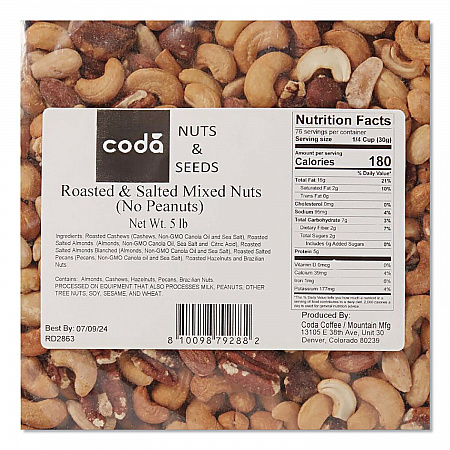 Coda Roasted and Salted Mixed Nuts, 5 lb Bag, 4/Carton (CDA92926)