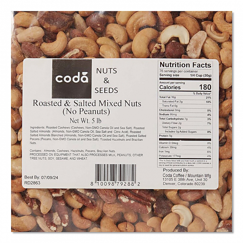 Coda Roasted and Salted Mixed Nuts, 5 lb Bag, 4/Carton (CDA92926)