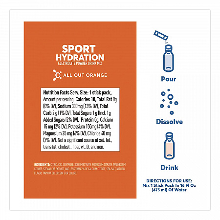 Sport Hydration Electrolyte Powder Drink Mix, All Out Orange, 0.18 oz Stick, 10/Box (02403)