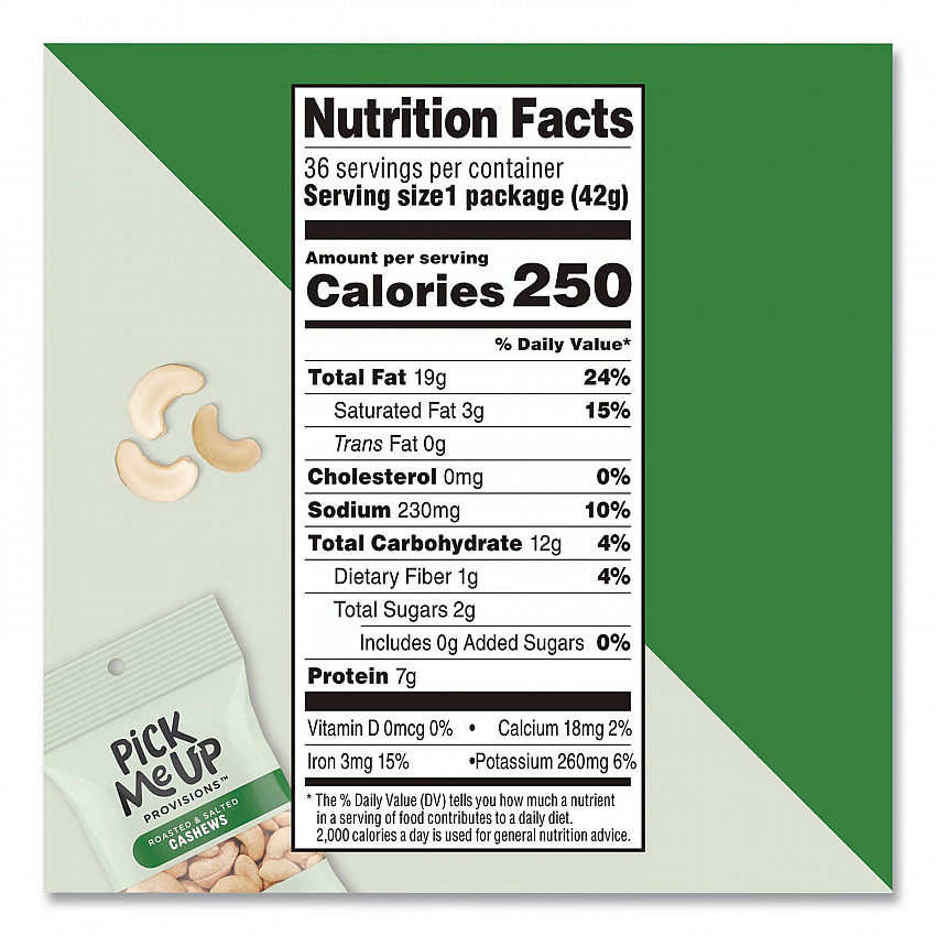 Roasted and Salted Cashews, 1.5 oz Pouch, 36/Box (PM62981)