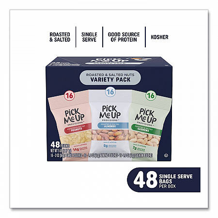 Roasted/Salted Nut Variety Pack, (16) 1.5 oz Pouches of Almonds, (16) 1.5 oz Pouches of Cashews, (16) 2 oz Pouches of Peanuts (PM62985)