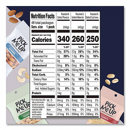 Roasted/Salted Nut Variety Pack, (16) 1.5 oz Pouches of Almonds, (16) 1.5 oz Pouches of Cashews, (16) 2 oz Pouches of Peanuts (PM62985)