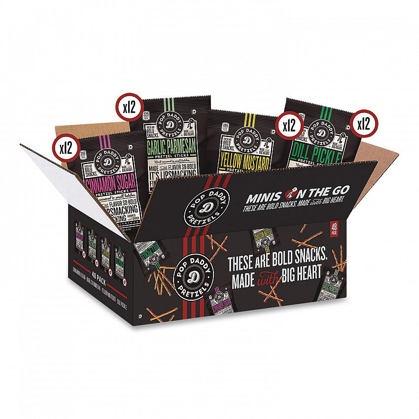 Pretzel Sticks Variety Pack, 12 Each: Cinnamon Sugar; Dill Pickle; Garlic Parmesan; Yellow Mustard, 1.5 oz Bag, 48/Carton (OPD38153)