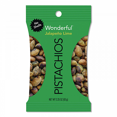 Wonderful No Shells Pistachios, Jalapeno Lime, 2.25 oz Pouch, 8/Box (PAR70154)