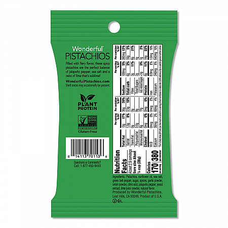 Wonderful No Shells Pistachios, Jalapeno Lime, 2.25 oz Pouch, 8/Box (PAR70154)
