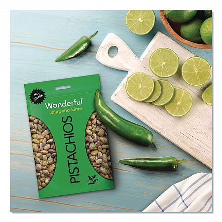 Wonderful No Shells Pistachios, Jalapeno Lime, 2.25 oz Pouch, 8/Box (PAR70154)