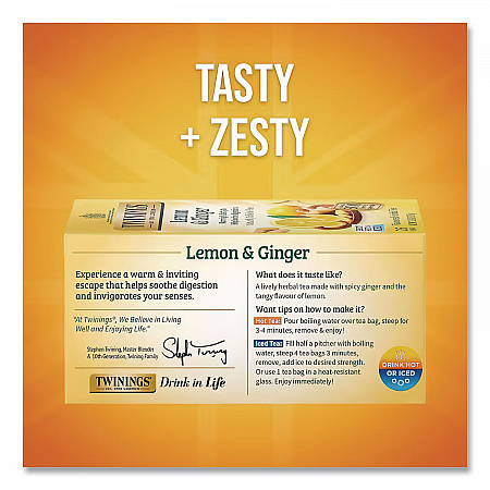 Tea Bags, Lemon and Ginger, 1.32 oz Tea Bag, 25 Tea Bags/Box (85145)