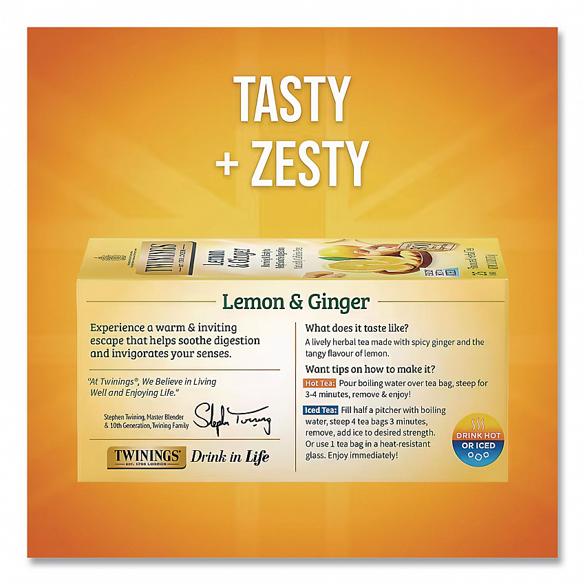 Tea Bags, Lemon and Ginger, 1.32 oz Tea Bag, 25 Tea Bags/Box (85145)