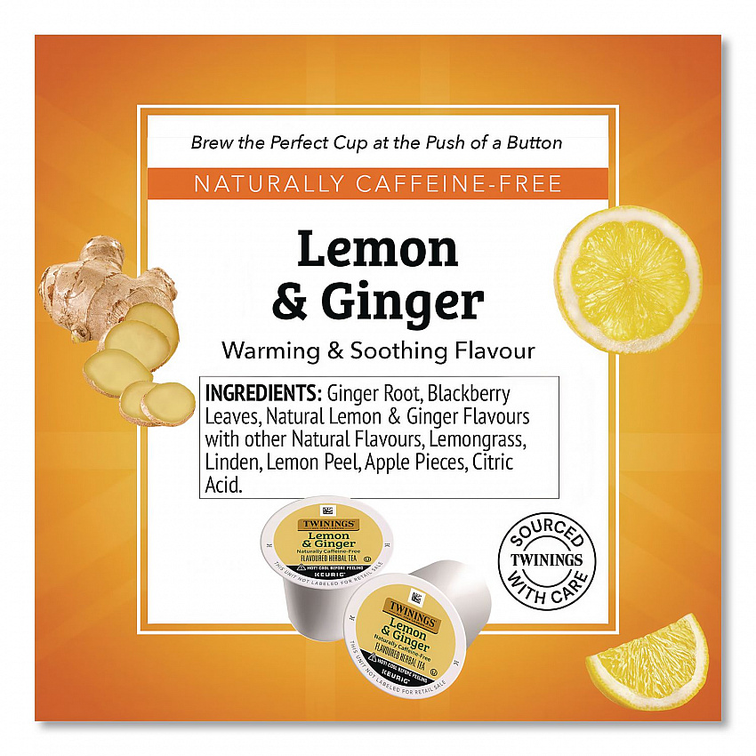 Tea K-Cups, Lemon Ginger, 0.11 oz K-Cups, 24/Box (89556)