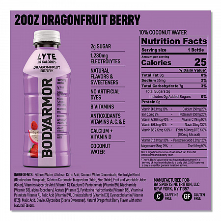 LYTE Sports Drink, Dragonfruit Berry, 16 oz Bottle, 12/Pack (411891)