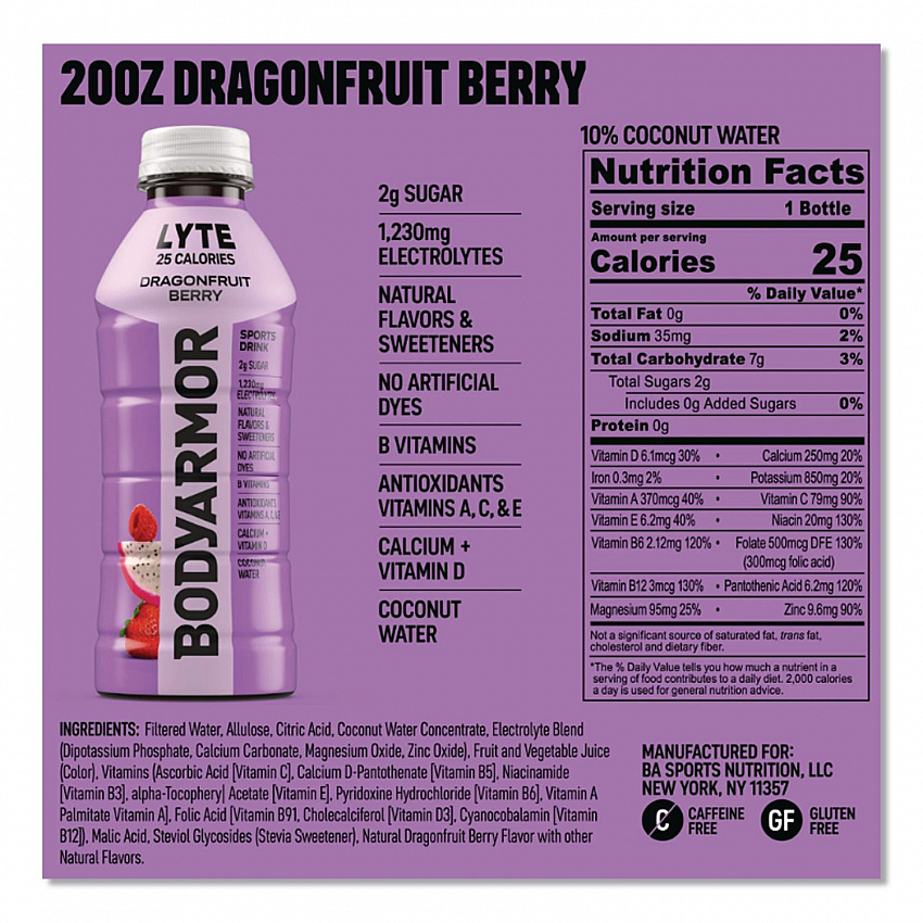 LYTE Sports Drink, Dragonfruit Berry, 16 oz Bottle, 12/Pack (411891)