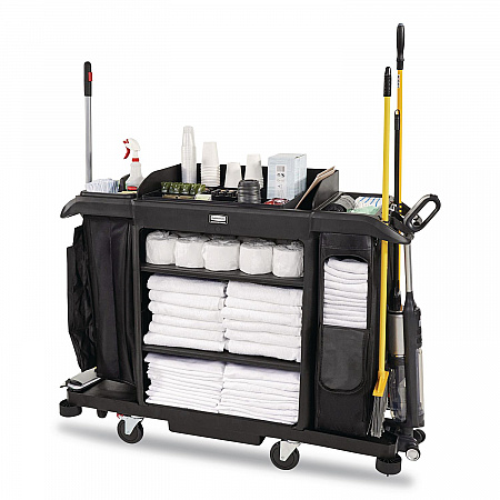 Full Size Housekeeping Cart with Accessory Bundle, Resin, 3 Shelves, 2 Bins, 24.4 x 62.4 x 49, Black (2202527)
