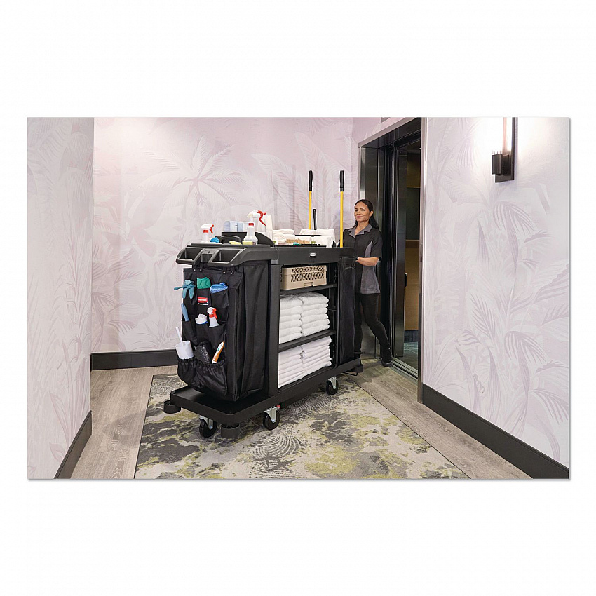 Full Size Housekeeping Cart with Accessory Bundle, Resin, 3 Shelves, 2 Bins, 24.4 x 62.4 x 49, Black (2202527)