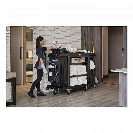 Full Size Housekeeping Cart with Accessory Bundle, Resin, 3 Shelves, 2 Bins, 24.4 x 62.4 x 49, Black (2202527)