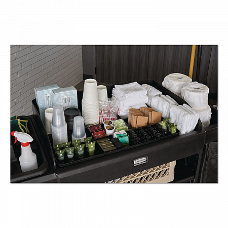 Full Size Housekeeping Cart with Accessory Bundle, Resin, 3 Shelves, 2 Bins, 24.4 x 62.4 x 49, Black (2202527)