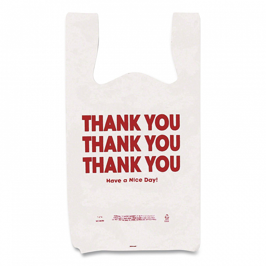 Plastic Shopping Bags, "Thank You - Have a Nice Day", Cut-Out Handles, 22 x 11.5 x 6, White/Red, 250/Box (063036)