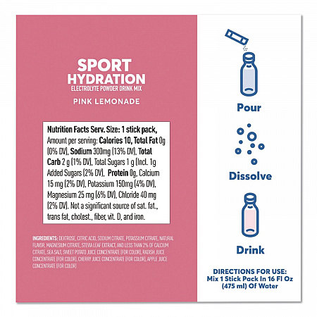 Sport Hydration Electrolyte Powder Drink Mix, Pink Lemonade, 0.17 oz Stick, 10/Box (02392)