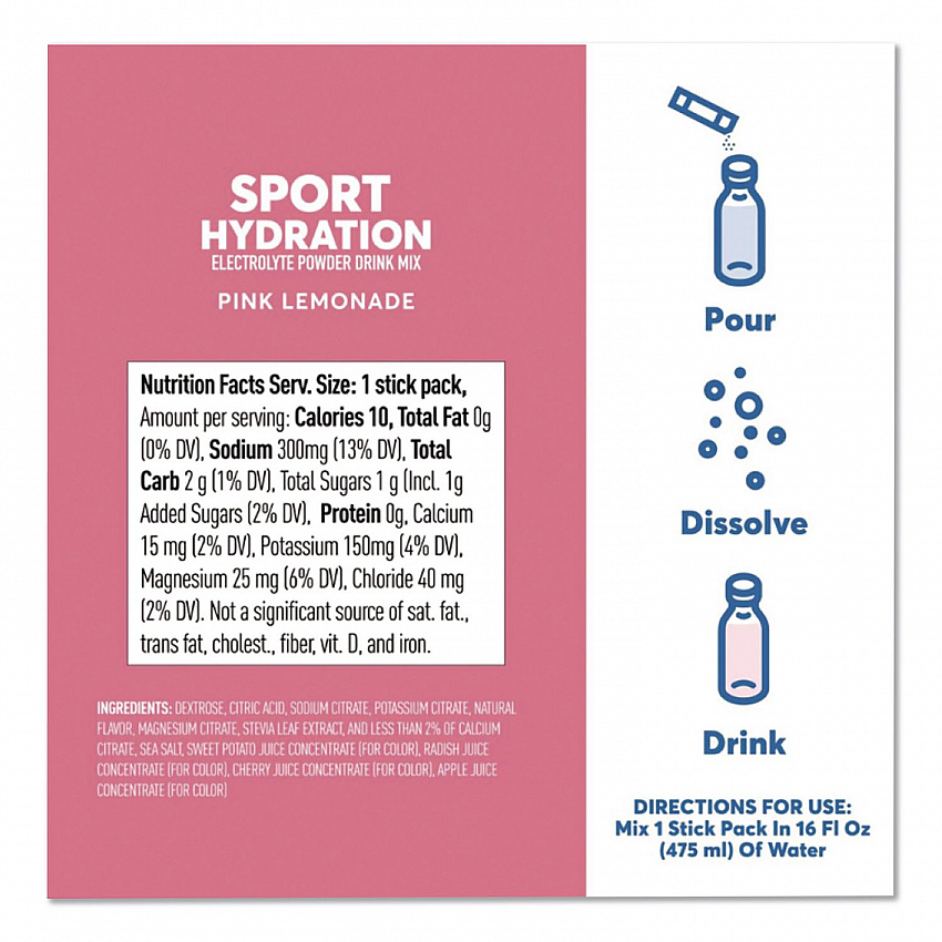 Sport Hydration Electrolyte Powder Drink Mix, Pink Lemonade, 0.17 oz Stick, 10/Box (02392)