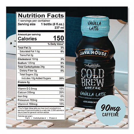 Cold Brew Coffee, Vanilla Latte, 8 oz Bottle, 24/Carton (HFP01785)