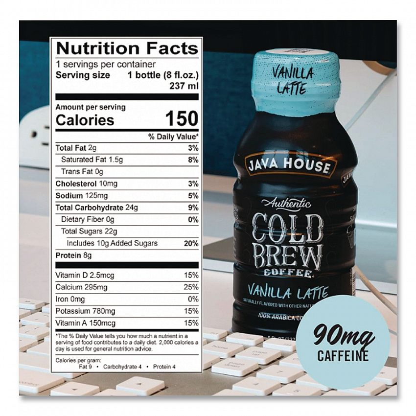 Cold Brew Coffee, Vanilla Latte, 8 oz Bottle, 24/Carton (HFP01785)