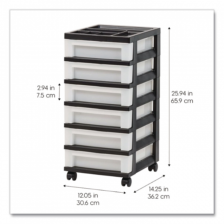 Six-Drawer Durable Storage Cart, Plastic, 15 lb Capacity, 12.13 x 14.38 x 26.38, Clear/Black (270013116862)