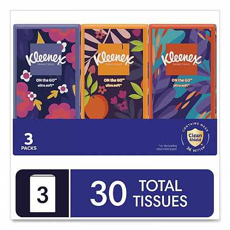 On The Go Packs Facial Tissues, 3-Ply, White, 10 Sheets/Pouch, 3 Pouches/Pack, 36 Packs/Carton (11976)