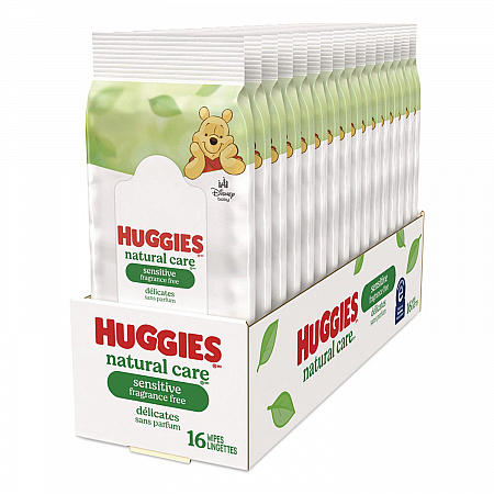 Natural Care Sensitive Baby Wipes, 6.6 x 6.86, Unscented, White, 16/Pack, 16 Packs/Carton (40706)