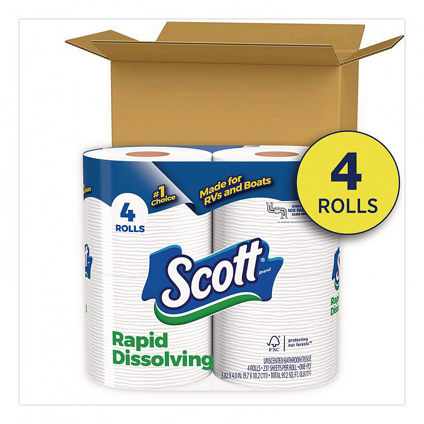 Rapid-Dissolving Toilet Paper, Bath Tissue, Septic Safe, 1-Ply, White, 231 Sheets/Roll, 4 Rolls/Pack, 12 Packs/Carton (47617)