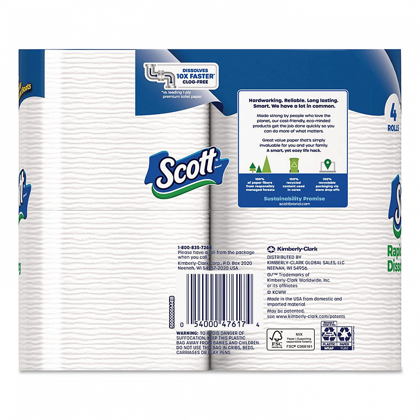 Rapid-Dissolving Toilet Paper, Bath Tissue, Septic Safe, 1-Ply, White, 231 Sheets/Roll, 4 Rolls/Pack, 12 Packs/Carton (47617)