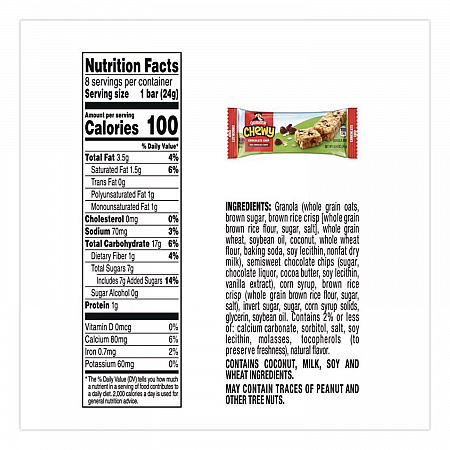 Granola Bars, Chewy Chocolate Chip, 0.84 oz Individually Wrapped, 8/Box (QUA31182)